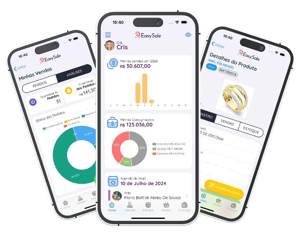 Easy Sale App - Mockup com 3 telas do aplicativo